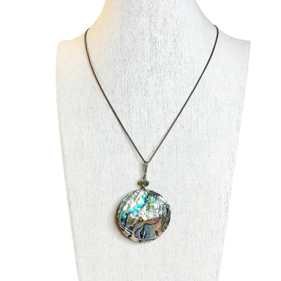 Vintage Sterling Silver Abalone Shell Wire Wrapped Pendant Necklace - Picture 2 of 9
